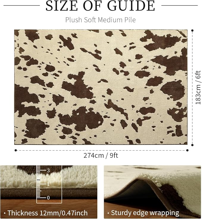 YIHOUSE Cowhide Area Rugs 6×9 Ft, Washable Plush Soft Brown and Cream Cow Rug, Non-Slip High-Low Pile Animal Carpet for Living Room, Bedroom, Dining Room, Nursery, Western Home Decor