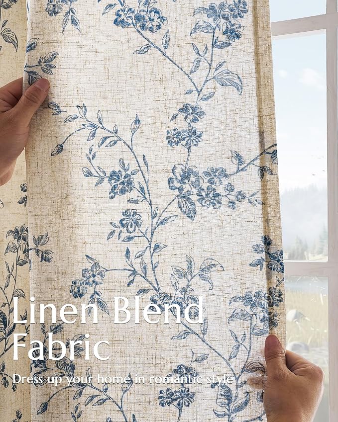 jinchan Blue Floral Linen Curtains 90 Inch French Country Back Tab 2 Panels | Flower patterned drapes, farmhouse, printed, light filtering, bedroom, living room, kitchen, window treatment, rod pocket