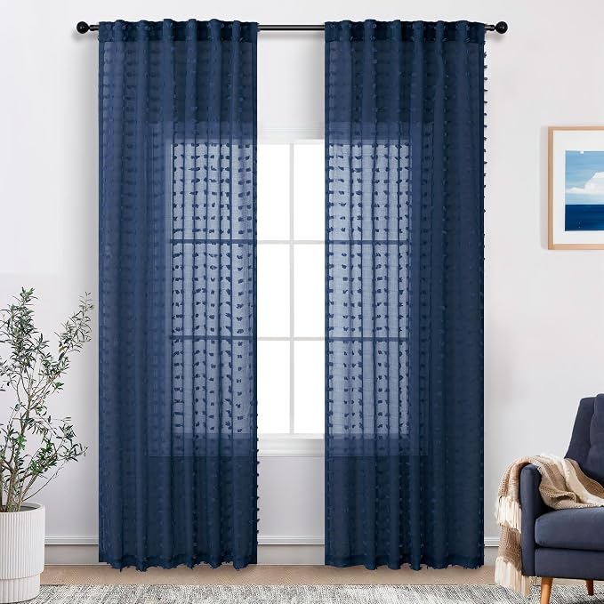 Navy Blue Sheer Curtains 84 Inches Long for Living Room Pom Pom Modern Boho Voile Drapes Window Semi Sheer Transparent Dark Blue Sheer Curtain for Bedroom Boys Kids Room 2 Panels Back Tab 52x84 Length