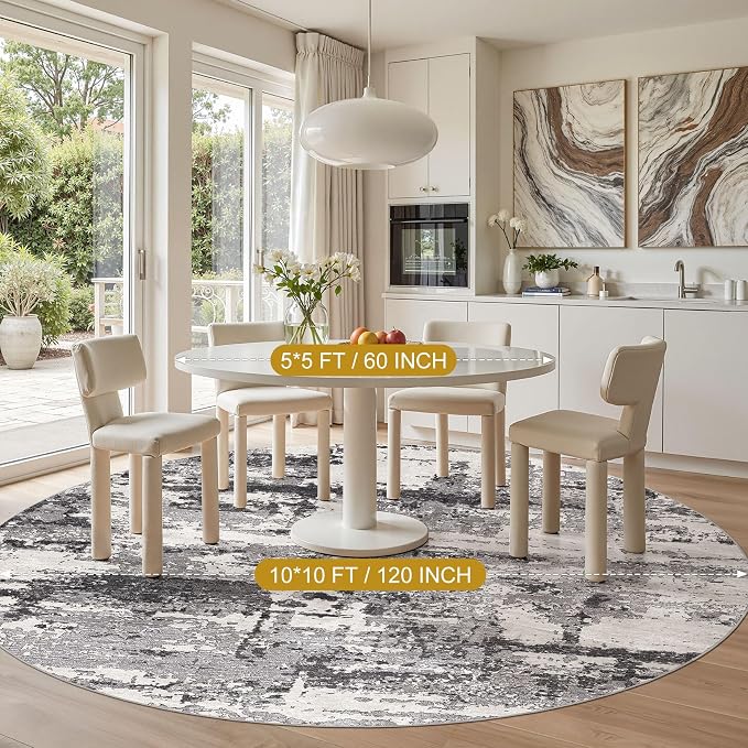 Area Rugs for Living Room: 10x10 Abstract Washable Rug Modern Neutral Large Soft Stain Resistant Non-Slip Backing Machine Table for Bedroom Dining Room Indoor Home Office Carpet - Black Grey