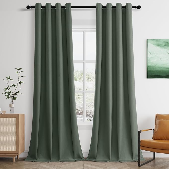 Jowels Olive Green Linen Blackout Curtains 90 Length 2 Panels Set for Living Room Bedroom, 100% Black Out Thermal Insulated Linen Drapes, Room Darkening Grommet Curtains 90 Inches Long