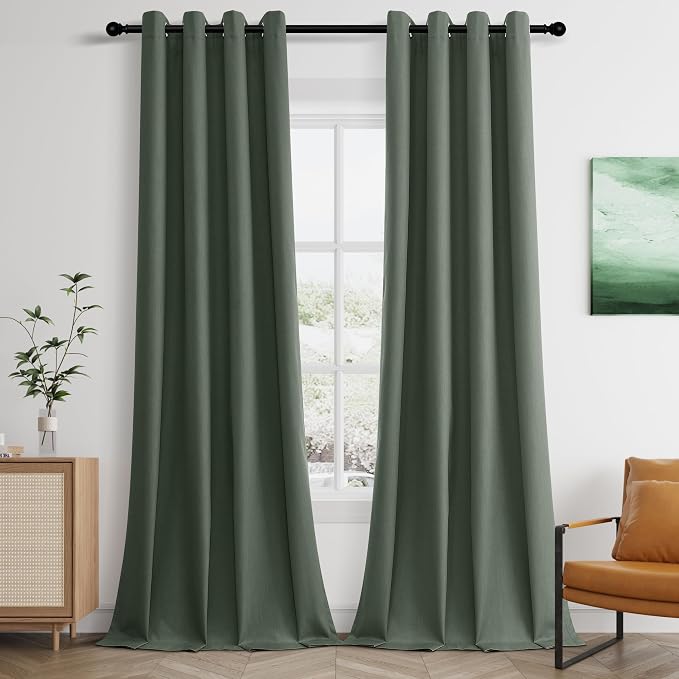 Jowels Olive Green Linen Blackout Curtains 96 Length 2 Panels Set for Living Room Bedroom, 100% Black Out Thermal Insulated Linen Drapes, Room Darkening Grommet Curtains 96 Inches Long