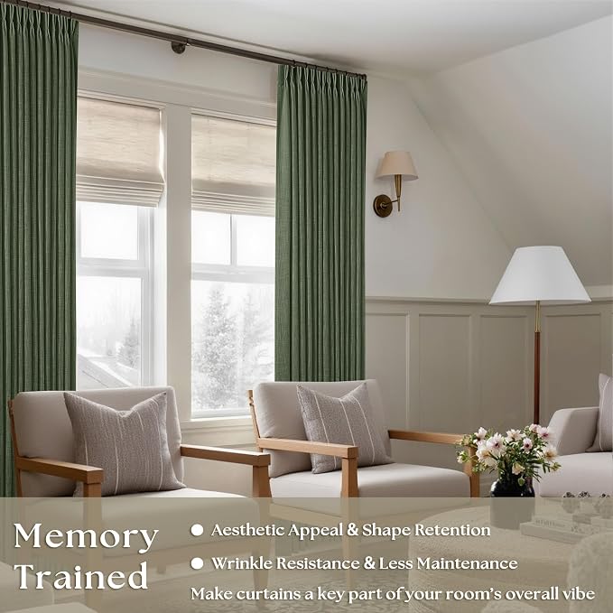 TWODRAPES Loden 120 Inch Long Curtains Extra Long Olive Green Linen Pinch Pleated Curtains 2 Panels for Living Room Bedroom Thick Linen Pleated Hooks Rings Back Tab 120 Inch Drapes for Large Window