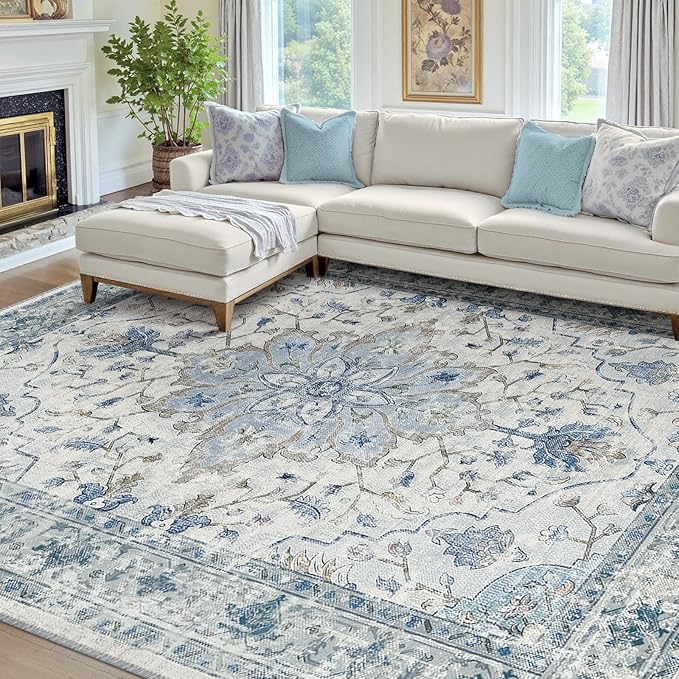 RELEANY Area Rugs 7'x9' Washable Non-Slip, Floral Vintage Distress Medallion Carpet for Living Room Bedroom Dining Room, Light Blue Navy Gray White