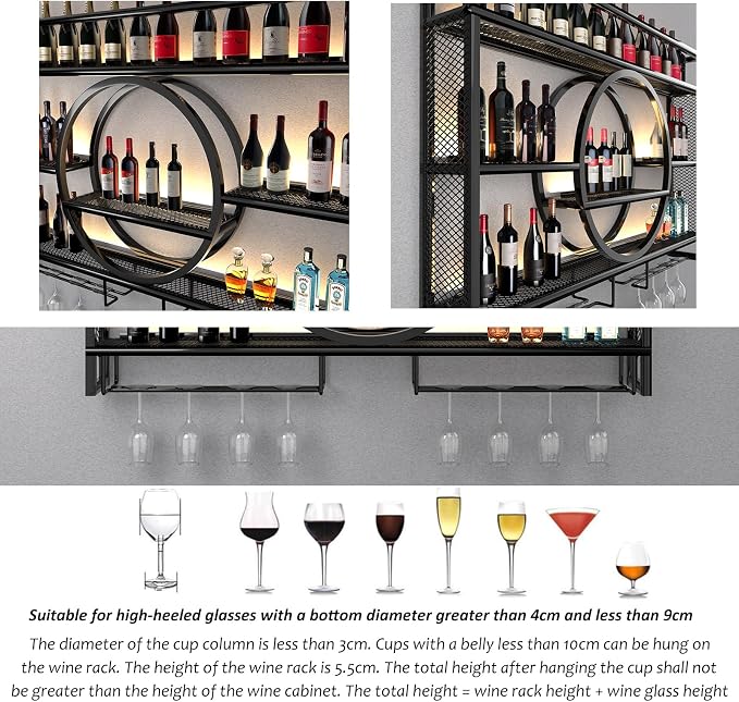 Metal Wine Rack Wall Mounted with LED Light, 3-Tier Bar Liquor Shelf with Wine Glass Holder, Modern Large Capacity Liquor Bottle Display Storage Shelf for Home Bar, Dining Room(Black, 120*80*15)
