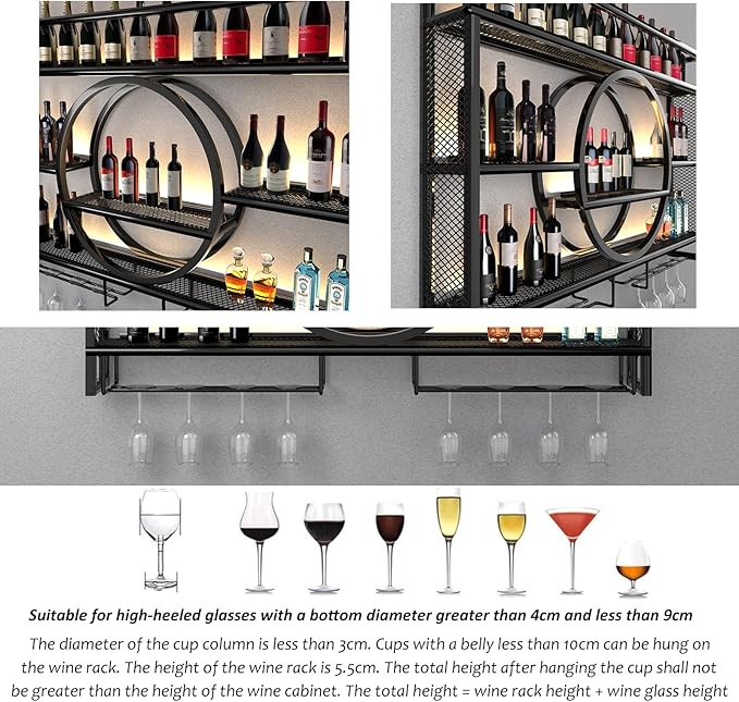Metal Wine Rack Wall Mounted with LED Light, 3-Tier Bar Liquor Shelf with Wine Glass Holder, Modern Large Capacity Liquor Bottle Display Storage Shelf for Home Bar, Dining Room(Black, 140*80*15)