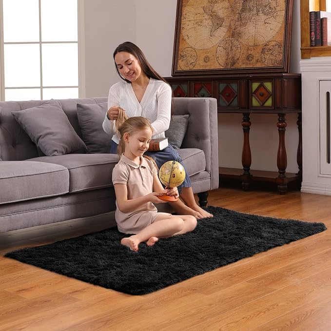 Ophanie 3x5 Black Rugs for College Dorm, Bedroom Small Area Rug, Non-Slip Fluffy Shaggy Bedside Soft Shag Fuzzy Plush Carpet for Kids Boys Teen Decor Aesthetic, Nursery with Over 99 pcs Pile fibers