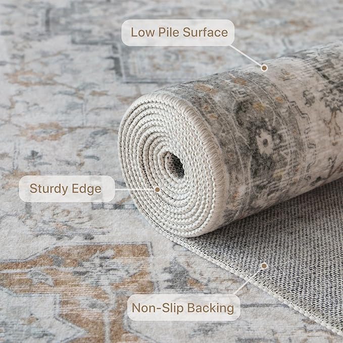 GENIMO 7x9 Area Rugs for Living Room, Non Slip Machine Washable Vintage Rugs, Low Pile Lightweight Chenille Print Large Rug for Bedroom, Dining Room, Home Office, Light Taupe Brown