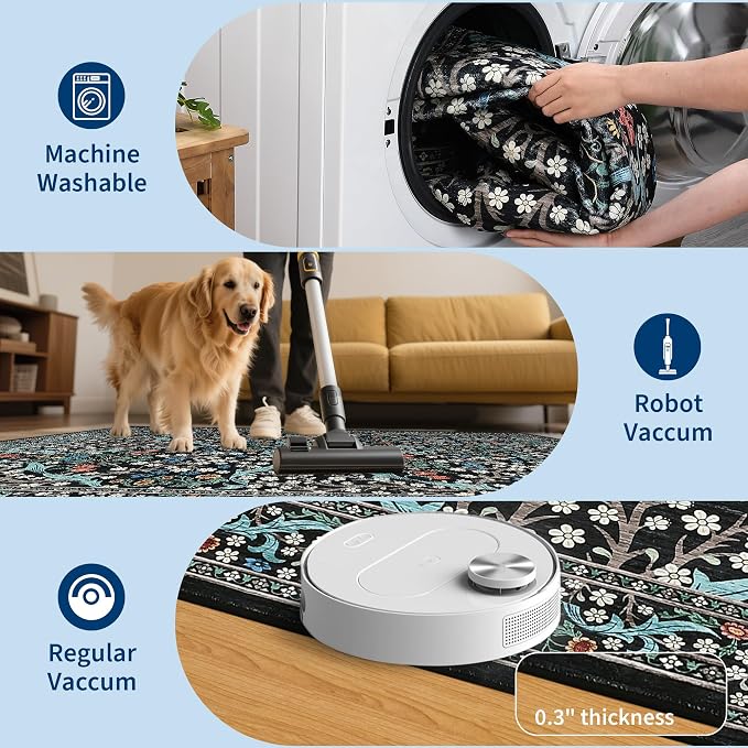 GarveeHome Washable Rug for Living Room, 9x12 Large Area Rug for Dining Room Under Table, Bedroom, Floral Soft Low Pile Non Slip Stain Resistant Carpet for Nursery, Playroom, Office, Black