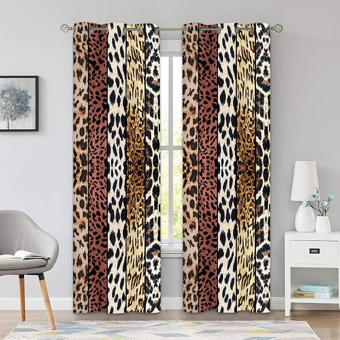 Wild Animal Print Curtain, Room Darkening Thermal Insulated Blackout Leopard Boa Window Drapes with Grommets for Living, Dining, Bedroom, Brown Leopard Print, 42"x 84", 2 Panels