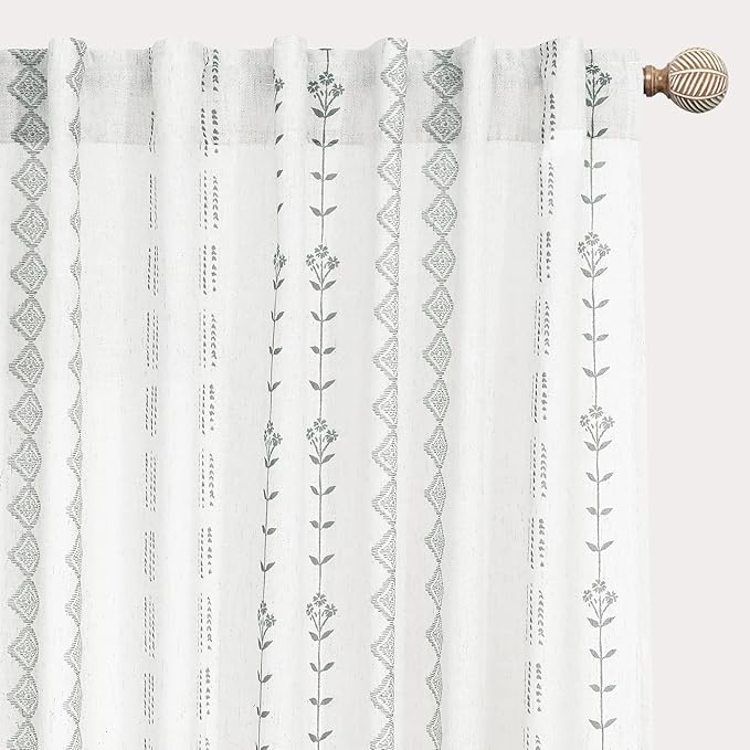 Grey Boho Curtains for Bedroom Living Room,Light Gray and White Sheer Linen Striped Curtains 84 Inches Long 2 Panels Set