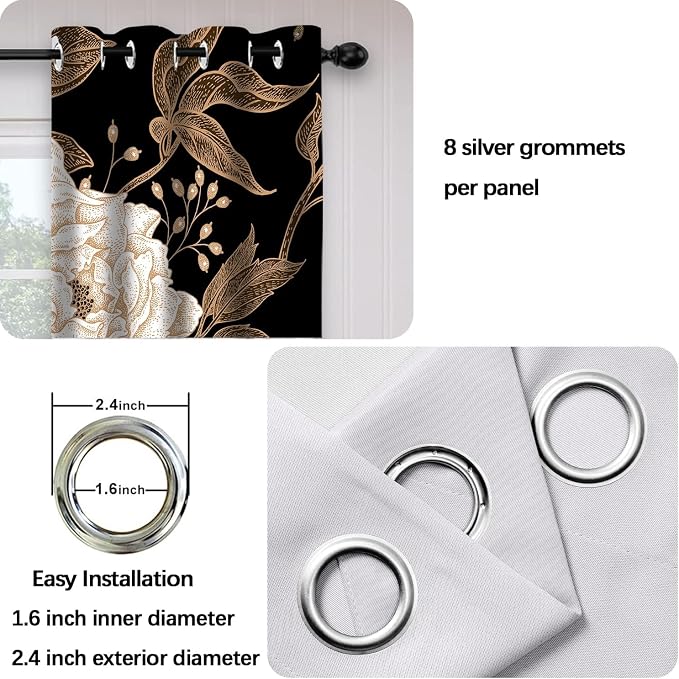 Boho Floral Blackout Curtain, Black Gold Flowers Aesthetic Art Curtains Darkening Thermal Insulated Grommet Window Drapes for Living Room Bedroom Decor 2 Panels 52x96 Inches