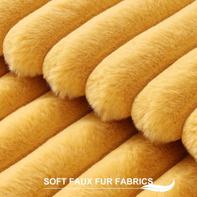 Pallene Faux Fur Plush Throw Pillow Covers 22x22 Set of 2, Luxury Soft Fluffy Striped Decorative Pillow Covers for Sofa, Couch, Living Room, Mustard Yellow