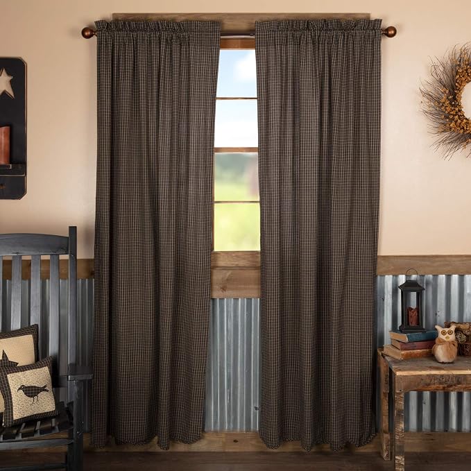 VHC Brands Kettle Grove Plaid Panel Scalloped Set of 2 84x40 Country Curtains, Country Black
