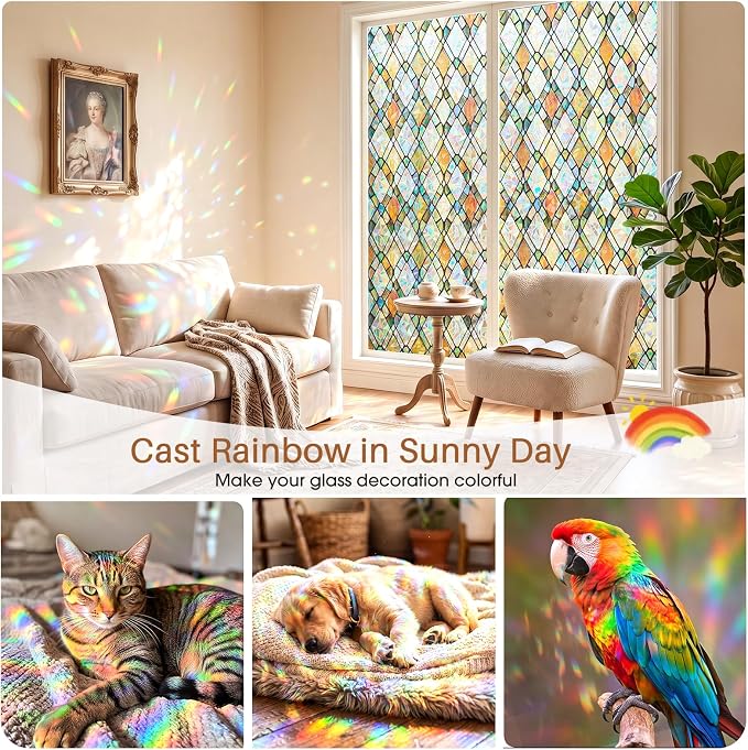 Window Privacy Film, Stained Glass Static Cling Rainbow Stickers 17.5" x 78.7"Decorative Lattice Window Film Removable with Tools, UV Block Heat Control 3D Vinyl Covering Non-Adhesive for Home Door