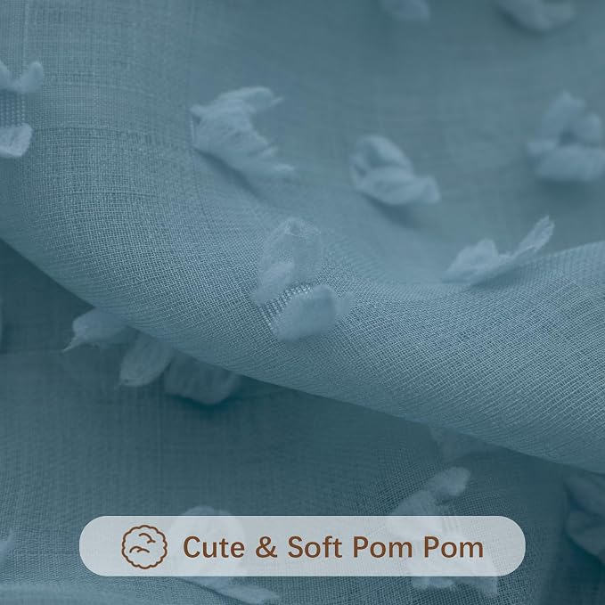 DANCURTON Stone Blue Sheer Curtains 63 Inch Length for Boys Bedroom Nursery Boho Farmhouse Light Blue Pom Pom Semi Sheer Kitchen Curtain Summer Beach Themed Ocean Coastal Decor 52x63 Back Tab 2 Panels