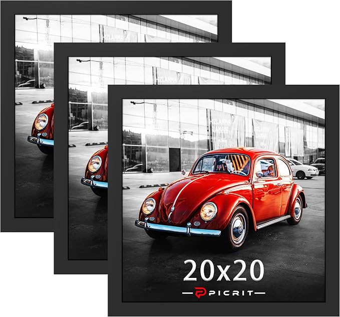 Picrit 20x20 Picture Frame 3 Pack, Black Poster Frame, Display Poster 16 x 16 with Mat or 20 x 20 without Mat for Horizontal or Vertical Wall Mounting