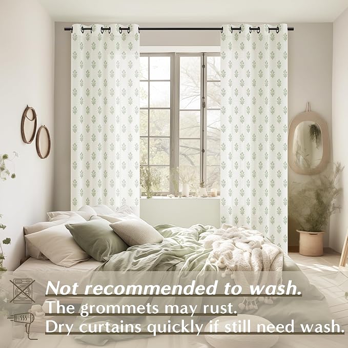 Botanical Curtains Green Leaf Print,Vine Sheer Unique Boho Floral Eclectic Chinoiserie Curtains for Bedroom Living Room 96 Inches Long