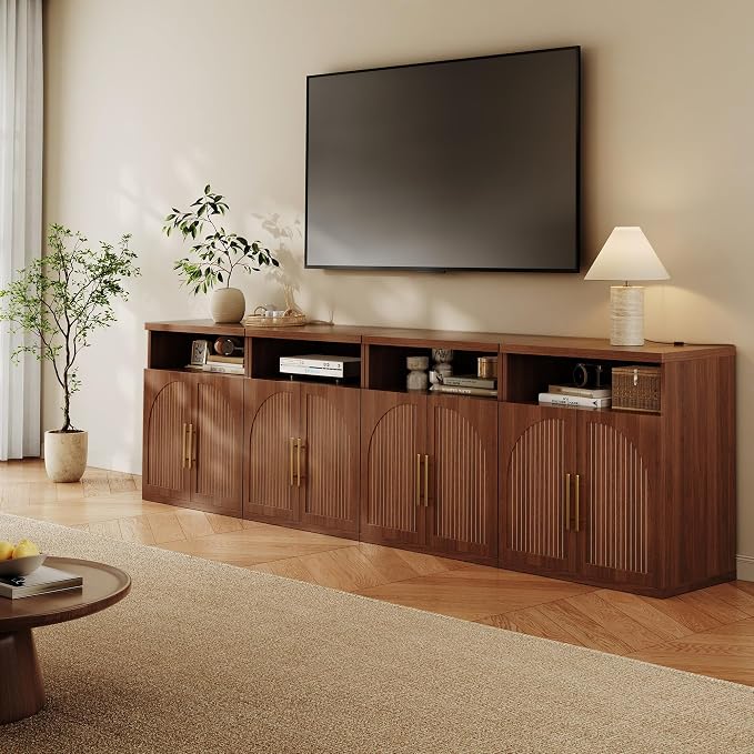 Fluted Buffet Cabinet with Storage, 31.5" Wide Wood Sideboard Credenza with Open Storage Shelf & Adjustable Shelves, Modern Kitchen Entryway Accent Table for Dining Room Living Room Hallway, Walnut