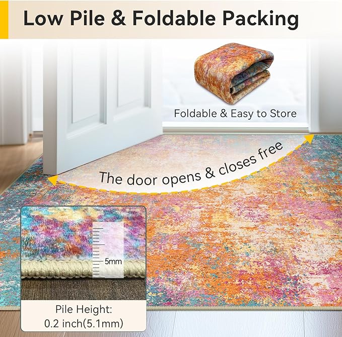RELEANY Washable Area Rugs 6'x9' Non-Slip Modern Abstract Soft for Living Room Entryway Bedroom Kitchen, Print Pattern, Orange Blue Pink Yellow Colorful
