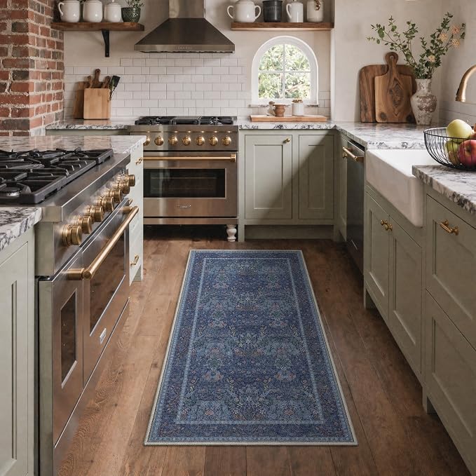 GENIMO 2x3 Washable Kitchen Rug, Non Slip Indoor Door Mat, Navy Slate | Vintage Boho Floral Low Pile Entryway Mat for Bathroom, Front Door and Laundry Room