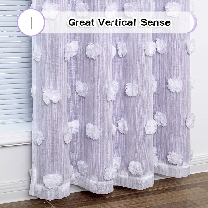 MYSKY HOME Light Blocking Lilac Curtains for Living Room White Sheer Pom Pom Kids Room Decor Drapes 102 Inches Long Double Layer Curtain for Sliding Door Grommet Window Panels Set of 2 52" x 102"