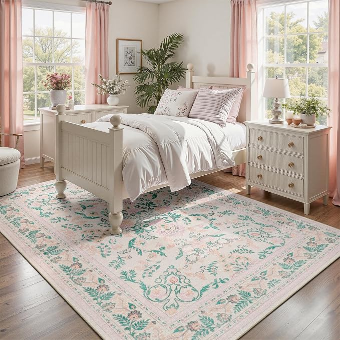 DCX 6x9 Pink Rug, Floral Rug for Girl’s Bedroom, Cute Soft Low Pile Non Slip Stain Resistant Machine Washable Indoor Décor, Kid & Pet Friendly Nursery Carpet for Living Room, Dorm, Playroom