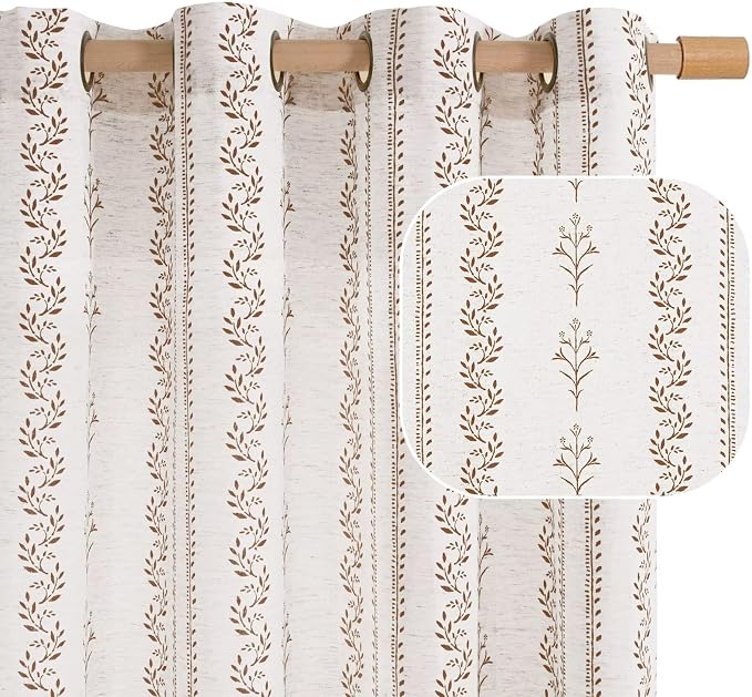 BGment Brown Boho Curtains Leaf Floral Print Cottage Core Botanical Curtains for Living Room Light Filtering Curtain 84 Inch Long for Farmhouse Rustic, Each 52 Inch Wide, 2 Panels Set