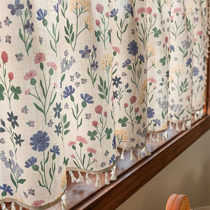 Deeprove Boho Valance Curtain 18 Inch with Tassels Cute Floral Herb Print Kitchen Window Sheer Short for Living Room Cafe Closet Farmhouse Chic Vintage Country Style Drape Decor 1 Panel 52W x 18L