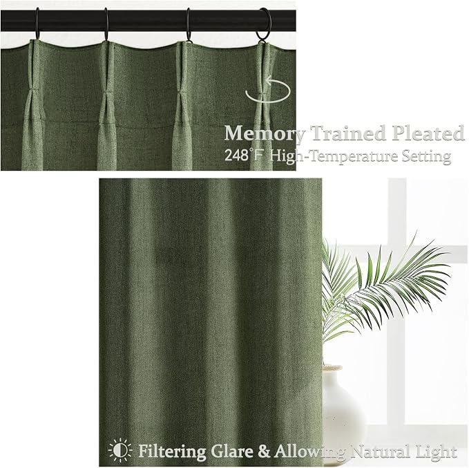 PleatedDrapes Dark Olive Green Pleat Memory Shape Linen Curtains 84 Inch Length 2 Panels for Living Room, Cottagecore Farmhouse Loden Light Filtering Moss Office at Home Sheer Curtains 40"x84" Long