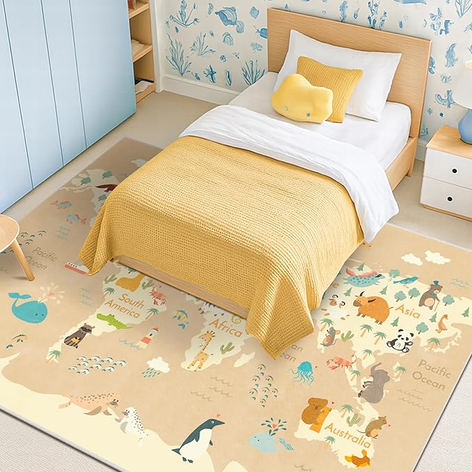 Hazo Haus Washable Kids Playroom Rug with Animal – 5x8 Educational World Map Area Rug with Kids Room – Non-Slip, Stain Resistant, Soft & Safe, Nursery, Classroom or Bedroom - Beige