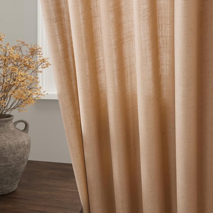 Nanspring Camel Linen Curtains 2 Panels Set for Living Room Back Tab Rod Pocket Window Drapes Light Filtering Semi Sheer Elegant Farmhouse Curtain 100 Inches Long for Dining Room Bedroom 52x100