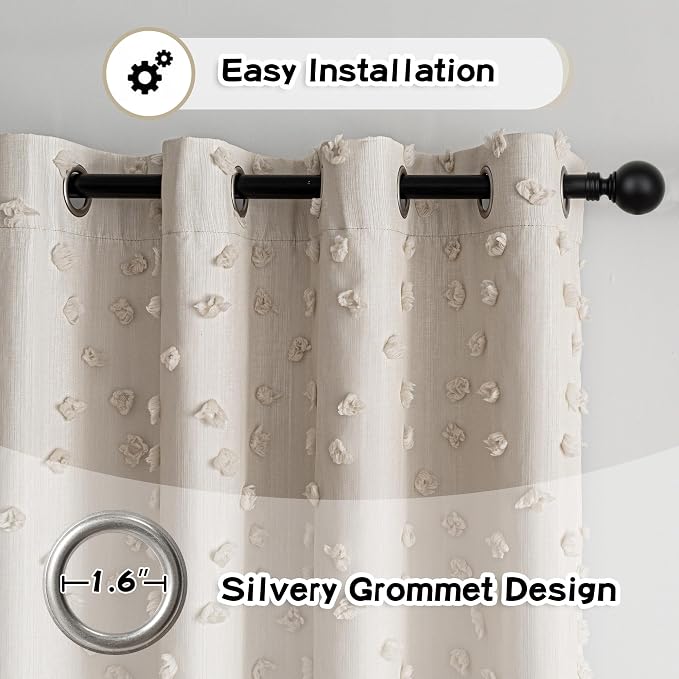 MYSKY HOME 100% Blackout Curtains for Nursery Thermal Insulated Beige Pom Pom Curtain 72 Inch Length for Girls Bedroom 2 Panels Grommet White Sheer Drapes for Kitchen Dining Room Door, 52W x 72L