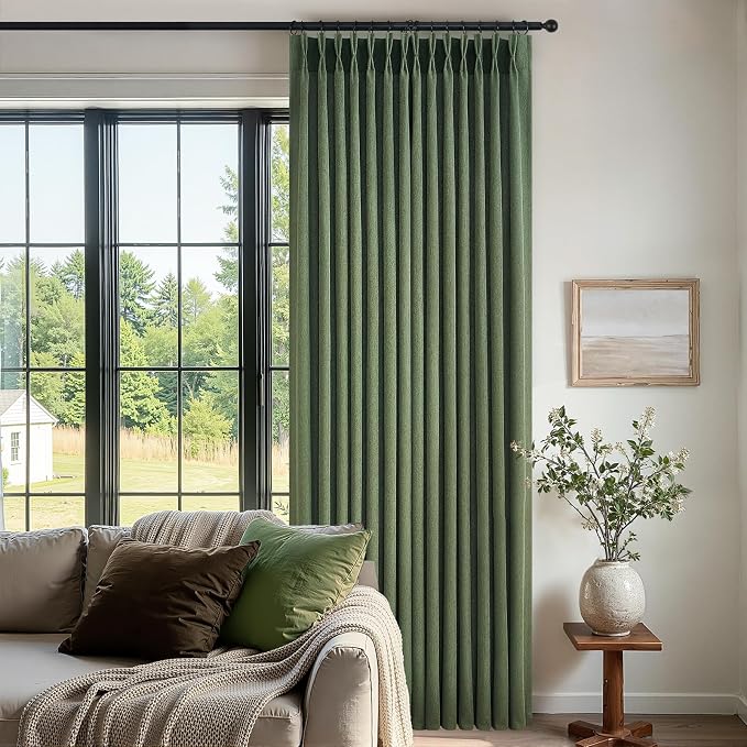 Olive Green Pinch Pleated Linen Curtains 84 Inches Long 2 Panels for Living Room Bedroom Linen Pinch Pleat with Hooks Rings Back Tab Light Filtering Loden Moss Green Farmhouse Drapes 84 Inch Length