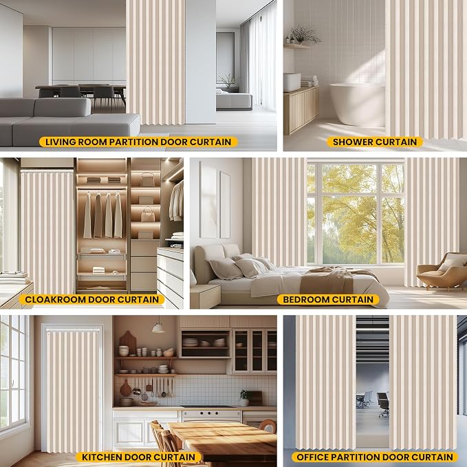 AJAZZ Set: Curtain Rods No Drilling (38-53" W Adjustable Range) & Accordion Door Curtain, Beige 53W×78" L, Accordion Doors for Closet Doorway Room Divider