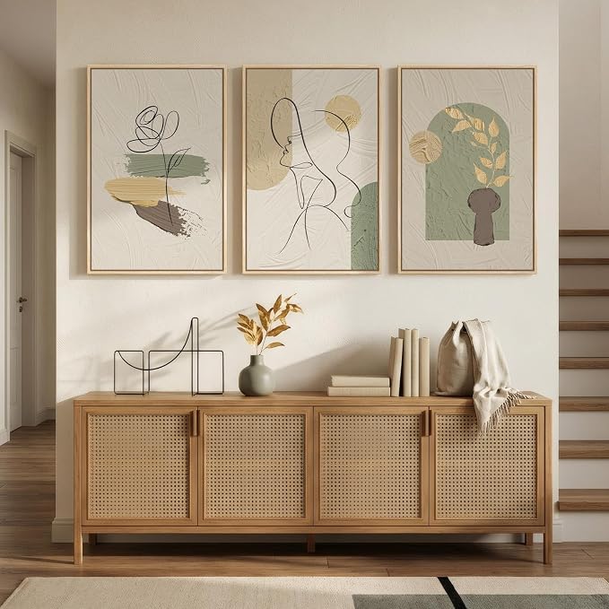 3 Piece Framed Abstract Boho Wall Art Bedroom 16x24 Inch | Large Neutral Canvas Print Painting, Modern Minimalist Line Face Botanical Picture Artwork Decor for Living Room Dining Room