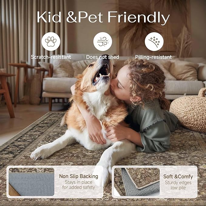HUGEAR 2x8 Runner Rug Machine Washable Brown Hallway Area Rug Indoor Accent Rugs Floral Low Pile Carpet Soft Throw Rugs Bedroom Living Room Office Dining Kitchen Laundry Non Slip