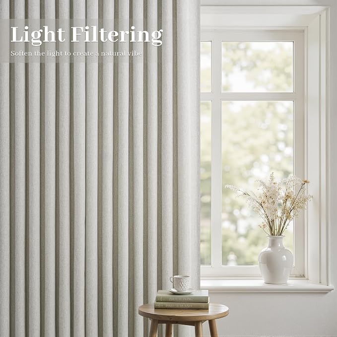 90 Inches Long Semi Sheer Light Grey Linen Curtains for Bedroom,Pinch Pleat Privacy Curtains,Viral Farmhouse Modern Lined Track Drapes 2 Panels Set for Sliding Door Winter