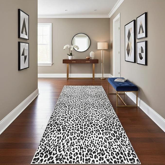 Ottomanson Aisle Runner Rug 2'7" x 34' – Soft Non-Slip Rug, Low Pile Carpet for Hallways, Events, Churches & Extra-Long Indoor Spaces, Leopard Print Black & White