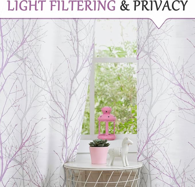 FMFUNCTEX Linen Semi Sheer Curtains for Bedroom, Lilac White Curtains 72 Inches Long for Living Room, Grey Tree Branch Patterned Curtain Light Filtering Farmhouse Window Drapes, Grommet Top 2 Panels