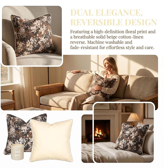 Vintage Floral Throw Pillow Covers 20x20 Inches Set of 2 Boho Farmhouse Pillow Cases Premium Chenille Textured Decorative Cushion Covers for Couch Retro Garden Farmhouse Style Coffee
