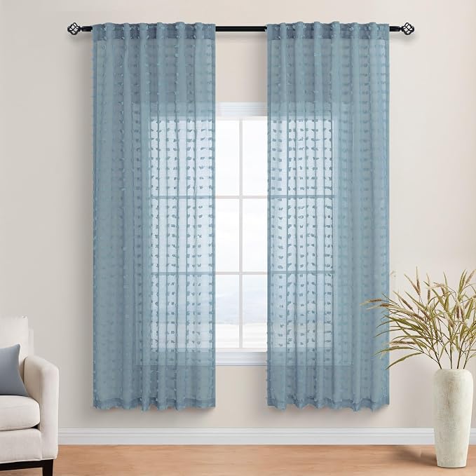 DANCURTON Stone Blue Sheer Curtains 63 Inch Length for Boys Bedroom Nursery Boho Farmhouse Light Blue Pom Pom Semi Sheer Kitchen Curtain Summer Beach Themed Ocean Coastal Decor 52x63 Back Tab 2 Panels