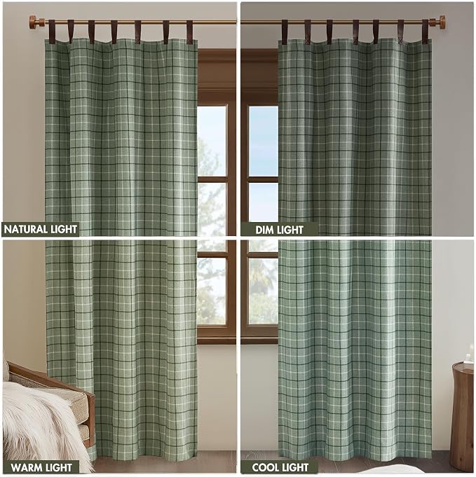 Madison Park Anaheim Cabin Plaid Curtain Window, Thermal Insulated Fleece Lining, Living Room Decor Room Darkening Drape for Bedroom, 1-Single Panel Pack, 50x84 Faux Leather Tab Top, Green
