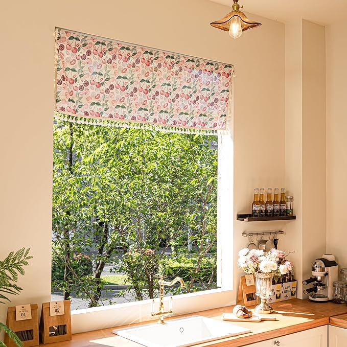 Deeprove Boho Valance Kitchen Cafe Over Sink Window Treatment Retro Aesthetic Style, Pink Red Cherry Print Abstract Short Drape Adjustable Curtain for Bedroom Living Room, 52Wx18L Rod Pocket 1 Panel