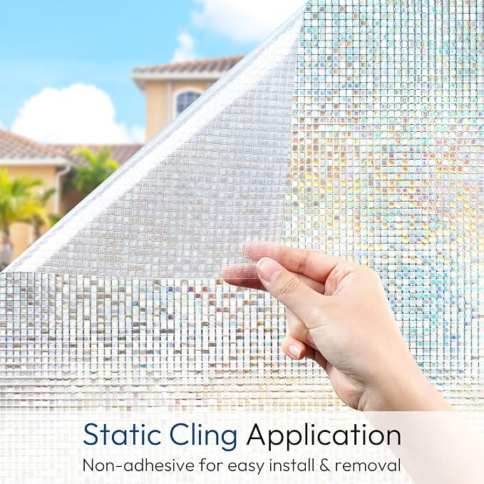 rabbitgoo Window Privacy Film, Mosaic Stained Glass Film, 35.4" x 78.5" | Rainbow Decorative Removable Static Cling Tint, UV Blocking Reduce Heat, Non-Adhesive Privacy Covering for Home, Office