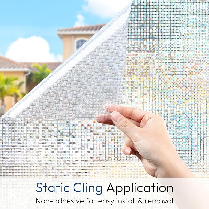 rabbitgoo Window Privacy Film, Mosaic Stained Glass Film, 35.4" x 118.1" | Rainbow Decorative Removable Static Cling Tint, UV Blocking Reduce Heat, Non-Adhesive Privacy Covering for Home, Office