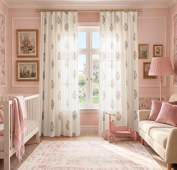63 Inch Length Floral Linen Curtains for Living Room, Pink and Green Vintage Farmhouse Pattern Pinch Pleated Light Filtering Semi Sheer Drapes for Bedroom Dining Room 2 Panel Set