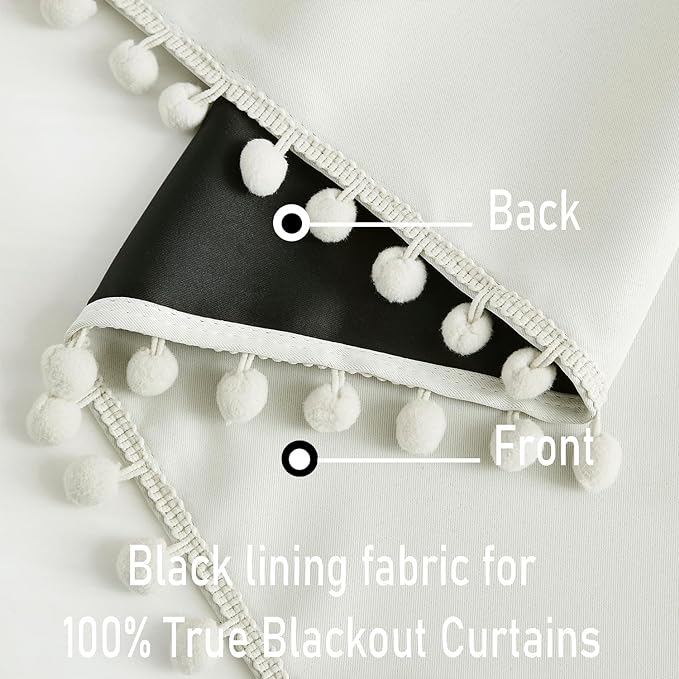 Treatmentex Pompom Blackout Window Curtain Panels Natural Ivory Full Blackout Curtains for Bedroom Basement Small Windows 52" W x 45" L 2 Panels Rod Pocket
