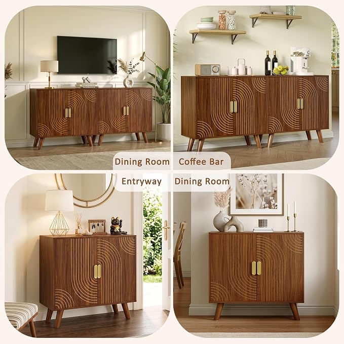 Sideboard Buffet Cabinet with Storage, Line-Grooved Storage Cabinet, Walnut | Accent Cabinet with Doors and Adjustable Shelf for Kitchen Dining Living Room Hallway‌ Entryway
