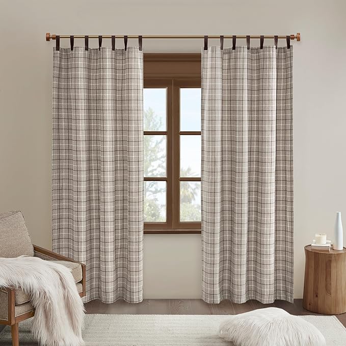Madison Park Anaheim Cabin Plaid Curtain Window, Thermal Insulated Fleece Lining, Living Room Decor Room Darkening Drape for Bedroom, 1-Single Panel Pack, 50x108 Faux Leather Tab Top, Brown